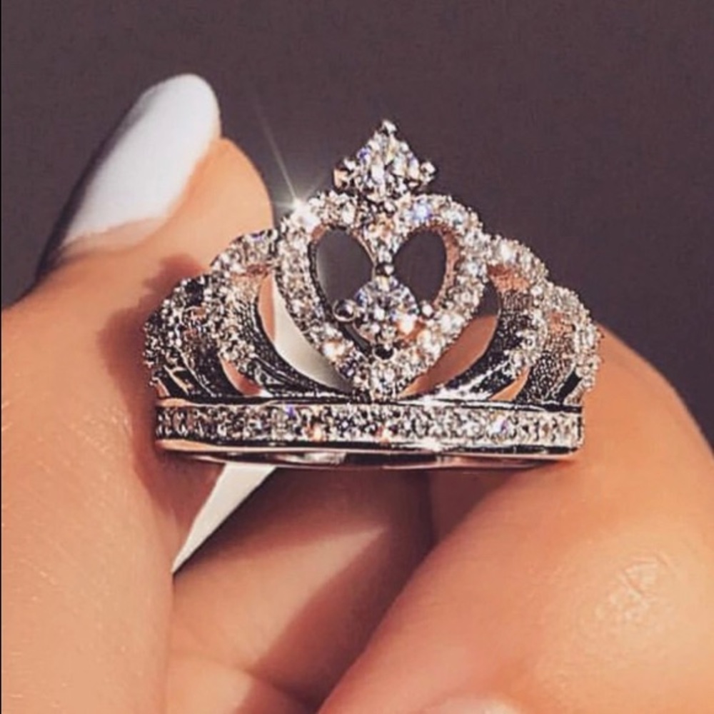 Silver Crown Shape Rhinestone Crystal Rings size 6